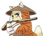  1boshi anthro blush canine cub fox fur gun japanese kemono male mammal plain_background ranged_weapon weapon young 