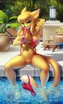  5_fingers big_nipples bikini breasts cat clothing eating feline female food green_eyes ice_cream iskra licking looking_at_viewer mammal nipples nude pink_nipples popsicle presenting pussy sif sitting swimming_pool swimsuit thick_thighs tongue tongue_out water 