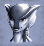  2010 alien anthro arlisia bald blue_background english_text female fin gills kalnareff plain_background sketch solo_focus text 