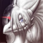  2010 anthro black_background blue_eyes cyborg dragon english_text hair heterochromia horn kalnareff kry long_hair looking_at_viewer machine male mechanical nude plain_background red_eyes scalie slit_pupils smile solo solo_focus text white_hair white_scales 