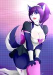  2015 absurd_res anthro black_nose blue_fur blush bow breasts canine cleavage clothed clothing dog dress fangs female fur hair hi_res husky kneeling legwear long_hair looking_at_viewer looking_down maid maid_uniform mammal open_mouth purple_eyes purple_hair ryousakai smile sog solo stockings teeth thick_thighs tongue white_fur 