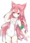  :3 animal_ears armband cat_ears cat_tail cowboy_shot hair_ornament hair_ribbon hairclip highres long_hair looking_at_viewer name_tag one-piece_swimsuit original pink_hair red_eyes red_ribbon ribbon sakofu school_swimsuit simple_background smile solo striped striped_legwear swimsuit tail thighhighs very_long_hair white_background white_school_swimsuit white_swimsuit 