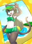  beach brown_fur cat feline fur green_eyes kemono mammal one_eye_closed open_mouth powderkona seaside tree water 