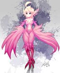  2015 abstract_background anthro avian blonde_hair blue_eyes breasts claws costom10 female hair harpy looking_at_viewer nude pink_feathers solo standing 