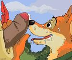  anthro canine character_from_animated_feature_film cum cum_on_face disney duo erection forest fox fur keto male male/male mammal oral outside penis robin_hood robin_hood_(disney) thick_penis tree tunic 