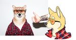  canine clothing dog eyewear friday_(character) mammal mensweardog photo plaid_shirt shiba_inu shirt shuffahlong sunglasses tattoo 