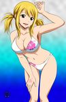  1girl 2015 big_breasts bikini blonde_hair breasts brown_eyes cleavage clothed clothing double_ponytails fairy_tail female gradient gradient_background hair hair_ties human invalid_tag large_breasts looking_at_viewer lucy lucy_heartfilia mammal natsu_dragneel navel open_mouth plain_background skimpy smile swimsuit tattoo teeth 