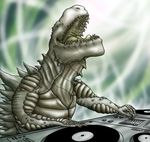  2010 claws dj english_text eyes_closed feral godzilla_(series) green_tongue grey_scales humor kalnareff open_mouth reptile scalie smile solo spikes teeth text turntable zilla 