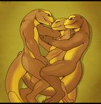  2015 amit amphibian brown_eyes digitigrade earhole eyes_closed female group group_sex hug licking male male/female newt nude paws plain_background scalie sex threesome tongue tongue_out two_tone_skin yellow_background 