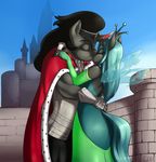  2015 anthro anthrofied black_body black_fur black_hair blue_hair blush cape changeling clothing dress duo elbow_gloves equine eyelashes eyes_closed eyeshadow female friendship_is_magic fur gloves hair horn king_sombra_(mlp) kissing makeup male male/female mammal muscles my_little_pony outside queen_chrysalis_(mlp) ring skecchiart unicorn wings 