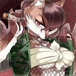  1boshi abstract_background anthro canine cigar cleavage clothed clothing female fox fur japanese kemono mammal 