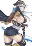 armor arrow ashe blue_eyes bow bow_(weapon) breasts butt cape clothed clothing female hair holding_weapon human league_of_legends long_hair looking_at_viewer mammal plain_background ranged_weapon smile solo unknown_artist video_games weapon white_hair 