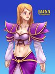  blonde_hair breasts cleavage dress jacket jaina_proudmoore long_hair midriff navel warcraft world_of_warcraft 