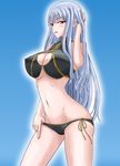  1mm_(norizo) adjusting_hair bikini bikini_pull breasts cleavage groin highres large_breasts long_hair navel pulled_by_self red_eyes selvaria_bles senjou_no_valkyria senjou_no_valkyria_1 side-tie_bikini silver_hair simple_background solo swimsuit very_long_hair 