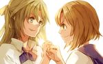  bad_id bad_pixiv_id blue_eyes brown_hair fist_bump green_eyes green_hair hair_ribbon half_updo higurashi_no_naku_koro_ni long_hair multiple_girls necktie oono_eiko ribbon ryuuguu_rena school_uniform short_hair smile sonozaki_shion 