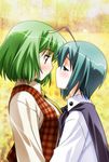  antennae bad_id bad_pixiv_id blush cape dress_shirt eye_contact green_eyes green_hair imminent_kiss kazami_yuuka looking_at_another multiple_girls plaid plaid_vest red_eyes shirt short_hair touhou umekichi vest wriggle_nightbug yuri 