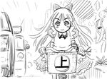  :&gt; apron bicycle bicycle_basket blush_stickers bow car dress frilled_dress frills gensoukoumuten greyscale ground_vehicle hair_bow long_hair looking_at_viewer monochrome motor_vehicle neck_ribbon ribbon riding shanghai_doll short_sleeves sketch smile solo_focus touhou translated 