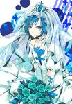  blue_eyes blue_flower blue_hair blue_rose bouquet bridal_veil bride crossdressing crown dress elbow_gloves flower gloves kaito kutenriri male_focus otoko_no_ko rose smile solo veil vocaloid wedding_dress white_dress 