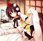  arm_support black_hair blanket blush breasts cleavage futon hat looking_at_viewer lying medium_breasts miyasu_risa on_side open_clothes open_mouth open_shirt red_eyes shameimaru_aya shirt short_hair smile solo tareme tokin_hat touhou 