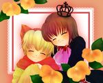  1girl animal_ears closed_eyes crown flower hug maria_(umineko) red_hair ribbon sakutarou smile umineko_no_naku_koro_ni uta_(semimaru) 