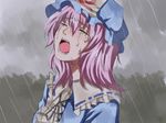  closed_eyes crying hat open_mouth pink_hair rain saigyouji_yuyuko sen_hisame short_hair sobbing solo tears touhou 