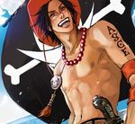  black_hair freckles hat jolly_roger lily_(artist) lowres male_focus one_piece portgas_d_ace shirtless solo tattoo whitebeard_pirates 