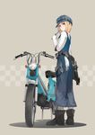  blonde_hair blue_eyes boots gloves goggles ground_vehicle hat highres looking_back miz moped motor_vehicle original overalls short_hair smile solo tool_kit tools wrench 