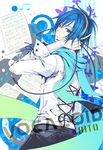  beamed_eighth_notes blue_eyes blue_hair blue_scarf casual eighth_note headphones kaito kutenriri looking_back male_focus musical_note scarf sheet_music solo treble_clef vocaloid 