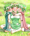 2girls barefoot blush bow bracelet cape cheek-to-cheek crown dragon_quest dragon_quest_v embarrassed family feet flower genderswap genderswap_(mtf) grass green_eyes green_hair hair_bow happy head_wreath henry_(dq5) hero_(dq5) hug if_they_mated jewelry mabo-udon multiple_girls open_mouth outdoors petals short_hair smile 