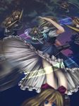  alice_margatroid blonde_hair blue_eyes blurry book depth_of_field doll grimoire grimoire_of_alice hairband highres lace lace-trimmed_thighhighs lance long_hair magic_circle night niwatori_takeshi polearm shanghai_doll short_hair solo thighhighs touhou weapon white_legwear 