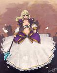  blonde_hair blue_eyes breasts cleavage dress feather feathers frills herowing jacket jaina_proudmoore long_hair midriff nal_(nal's_pudding) navel staff warcraft world_of_warcraft 