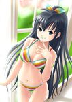  bikini black_hair bow breasts ganaha_hibiki grin hands high_ponytail idolmaster idolmaster_(classic) medium_breasts multicolored multicolored_nails nail_art nail_polish ponnetsu ponytail smile solo striped striped_bikini swimsuit 