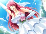  1girl beatoriise_tsubame_kazamino bouquet dress eyes_closed flower game_cg hisho_x_hisho sky solo wedding wedding_dress 