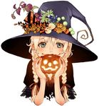  blonde_hair blue_eyes blush braid hair_over_shoulder hair_ribbon halloween hat jack-o'-lantern kazue_kato long_hair original pumpkin ribbon smile solo twin_braids witch witch_hat 