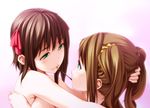  amami_haruka bad_id bad_pixiv_id brown_hair colorized eye_contact face food green_eyes hair_ribbon hand_on_another's_head hug idolmaster idolmaster_(classic) imminent_kiss looking_at_another mouth_hold multiple_girls nude pocky pocky_kiss ribbon shared_food takatsuki_yayoi thesale totokichi twintails yuri 