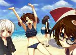  arms_up bad_id bad_pixiv_id bikini black_hair blue_eyes brown_hair day face glasses multiple_girls one_eye_closed open_mouth original red_eyes shirabi short_hair silver_hair swimsuit tankini twintails 