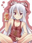  blush bow can food fujiwara_no_mokou hair_bow long_hair no_bra no_pants panties red_eyes ribbon silver_hair sitting sleeveless solo striped striped_panties tank_top toshihiro touhou underwear very_long_hair yakitori 