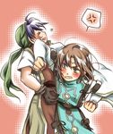  1girl anger_vein bandana blush brown_hair china_dress chinese_clothes clenched_teeth closed_eyes dress fighting genderswap genderswap_(mtf) gensou_suikoden gensou_suikoden_i long_hair long_sleeves luc_(suikoden) mabo-udon open_clothes spoken_anger_vein tabard teeth tir_mcdohl upper_body 