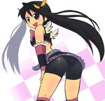  ass bike_shorts black_eyes black_hair copyright_request highres looking_back midriff okera panties solo striped striped_panties twintails underwear 