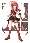  ahoge ass_visible_through_thighs asymmetrical_clothes bangs bbbbunny black_skirt brown_eyes full_body hair_ornament hairclip hands legs looking_at_viewer open_mouth original red_hair ribbon short_hair skirt socks solo staff standing thigh_strap wrist_cuffs 
