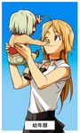  428 ahoge baby bare_shoulders blonde_hair brown_eyes canaan choker commentary_request jewelry lift long_hair mori_(unknown.) multiple_girls one_eye_closed oosawa_maria open_mouth ponytail short_hair sleeveless sleeveless_turtleneck translation_request turtleneck white_hair younger 