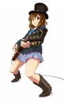  blush boots brown_eyes brown_hair cosplay cowboy_boots electric_guitar food garichapon gibson grin guitar guns_n'_roses hair_ornament hairclip hat hirasawa_yui instrument k-on! les_paul no_legwear pocky school_uniform short_hair skirt slash_(guns_n'_roses) slash_(guns_n'_roses)_(cosplay) smile solo standing top_hat 