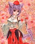  :o adapted_costume animal_ears bare_shoulders breasts detached_sleeves hakurei_reimu hat hips inubashiri_momiji kabaji large_breasts leaf maple_leaf navel oil_painting_(medium) red_eyes shirt short_hair silver_hair solo tail taut_clothes taut_shirt tokin_hat touhou traditional_media wide_sleeves wolf_ears wolf_tail 