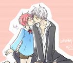  &lt;3 2boys blush boy child closed_eyes eyes_closed heart hiro_(usukawa) hirohide kiss love male male_focus multiple_boys open_clothes open_shirt pink_hair red_eyes ribbon shirt shorts shota silver_hair smile usukawa_(artist) yaoi 