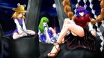  bad_id bad_pixiv_id blonde_hair detached_sleeves eyes feet frog green_hair hair_ornament hat highres kochiya_sanae legs long_hair moriya_suwako multiple_girls one_eye_closed ootsuki_wataru purple_hair red_eyes rope sandals shide shimenawa short_hair snake touhou yasaka_kanako yellow_eyes 