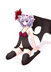  arm_support babydoll bat_wings black_panties bow hat highres lavender_hair lingerie looking_at_viewer panties red_eyes remilia_scarlet short_hair sitting smile solo thighhighs touhou underwear utakata_(kochou_no_yume) wariza wings 