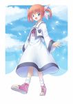  artist_request blue_eyes brown_hair cloud converse day hair_ribbon lyrical_nanoha mahou_shoujo_lyrical_nanoha ribbon school_uniform seishou_elementary_school_uniform shoes sky smile sneakers socks solo takamachi_nanoha twintails 