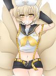  animal_ears bad_id bad_pixiv_id belt blonde_hair blush bob_cut cosplay detached_sleeves embarrassed fox_ears fox_tail hair_ornament hairclip headphones jyako kagamine_rin kagamine_rin_(cosplay) midriff multiple_tails short_hair shorts solo tail touhou vocaloid yakumo_ran yellow_eyes 