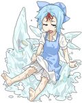  ahoge barefoot bloomers blue_eyes blue_hair bow cirno dress dress_lift feet food fruit hair_bow hair_ribbon ice lowres melting mouth_hold oekaki poketto popsicle ribbon short_hair sitting solo touhou underwear watermelon wings 