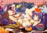 bikini boots breasts brown_hair bug butterfly candy cat flat_chest food food_themed_clothes halloween happy_halloween hat hips insect jack-o'-lantern large_breasts legs lips lollipop long_hair lying multiple_girls on_side original pinky_out print_bikini pumpkin purple_eyes purple_hair side-tie_bikini star striped striped_bikini striped_legwear striped_swimsuit swimsuit thighhighs twintails utu vertical-striped_legwear vertical_stripes witch_hat 